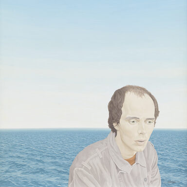 Gezeichneter Mann mit einem blauen Meer und blauem Himmel im Hintergrund