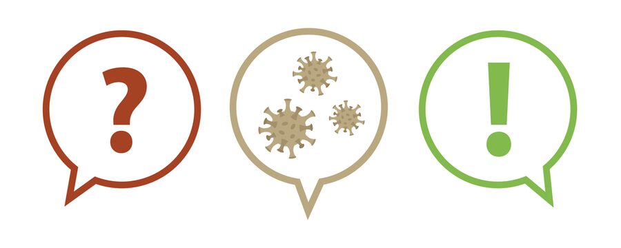 Symbolbild für Corona Frage- und Antwortkatalog mit folgenden Symbolen in Sprechblasen: Fragezeichen, Viren, Ausrufezeichen