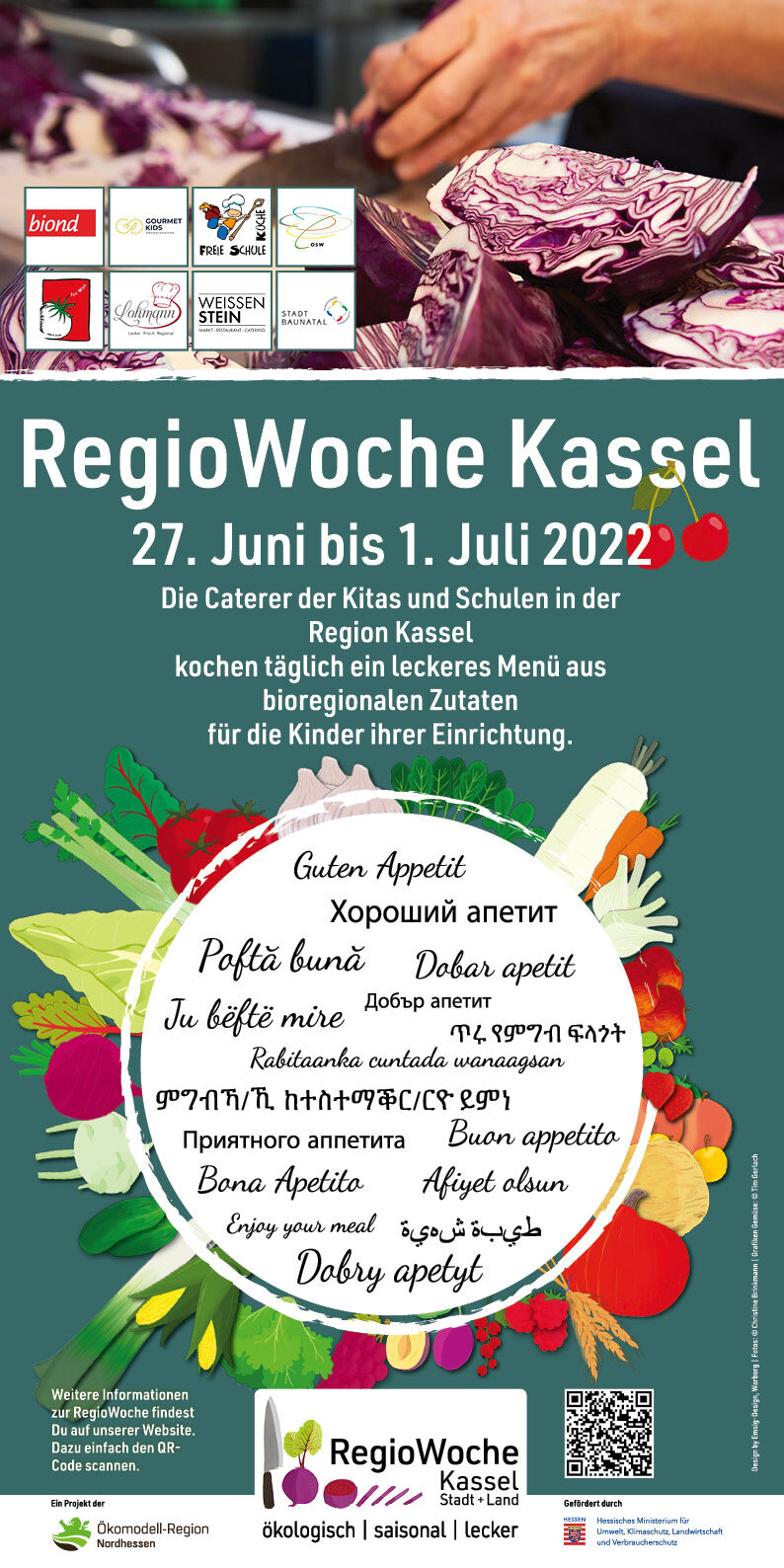 Plakat zur Regio-Woche Kassel, die vom 27. Juni bis zum 1. Juli 2022 stattfindet. Dem Plakat ist zu entnehmen, dass in der genannten Woche in den Kitas und Schulen der Region Kassel täglich ein Menü aus bioregionalen Zutaten gekocht wird.