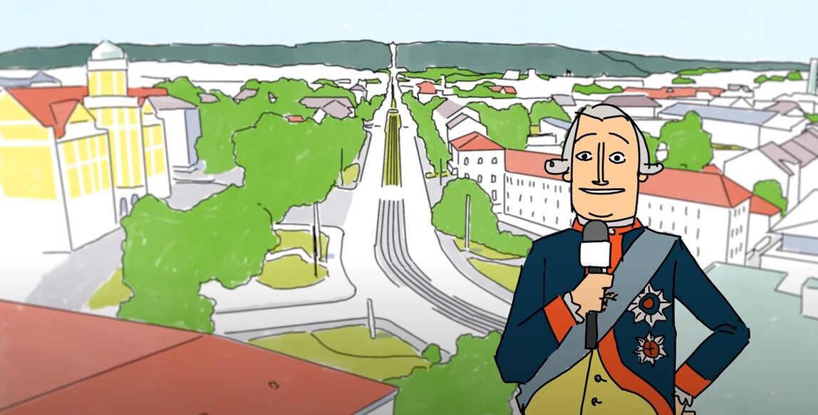 Ein animierter Landgraf Friedrich II. erklärt die Entstehung der Wilhelmshöher Allee und wie sie im Rahmen des Bundesförderprogramms „Nationale Projekte des Städtebaus“ gestalterisch aufgewertet wird.
