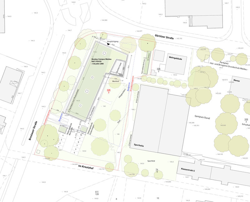 Lageplan des Neubauvorhabens Campus Waldau, der die Position des Gebäudes sowie die Zuwegung und die Außenbereiche grob skizziert.