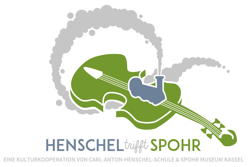 Logo Henschel trifft Spohr mit einer Gitarre und einer Lokomotive