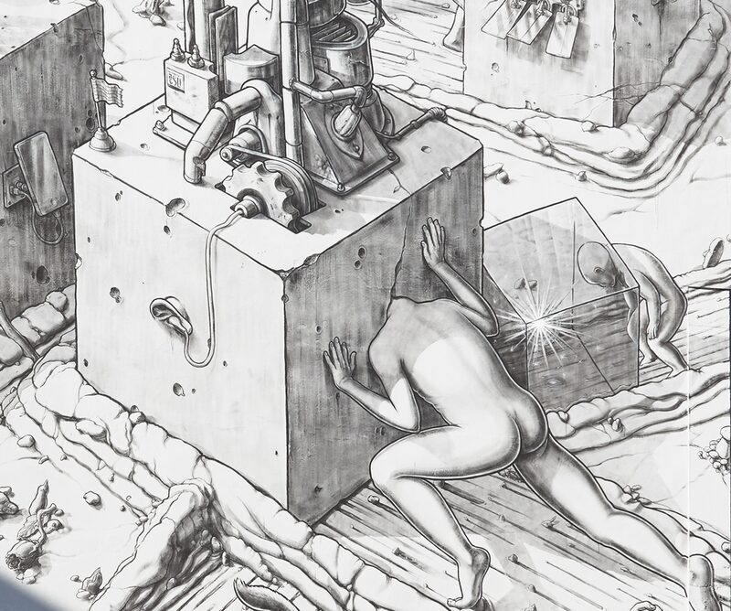 Zeichnung: Mensch steckt mit dem Kopf in einem soliden Kubus. Oben auf dem Kubus ist eine futuristische Maschine