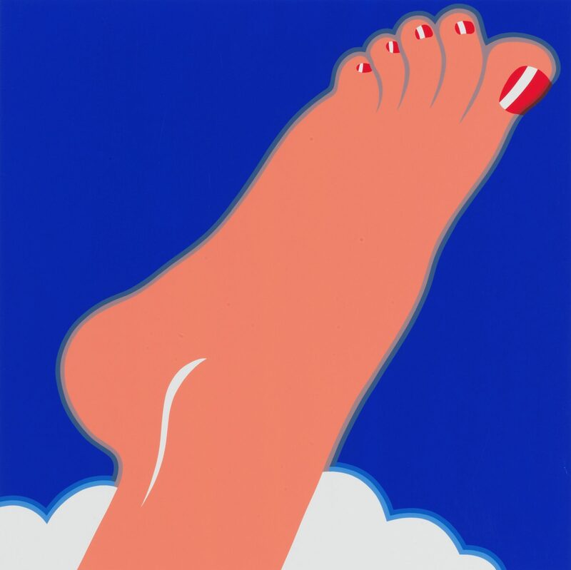 Ein gemalter Fuß, der in die Höhe gereckt wird. Am oberen rechten Bildrand sind die roten Fußnägel zu sehen