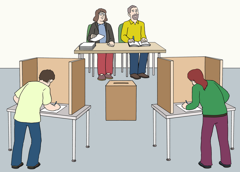 2 Personen die jeweils in einer Wahlkabine stehen, eine Wahlurne und 2 Wahlhelfer an einem Tisch.