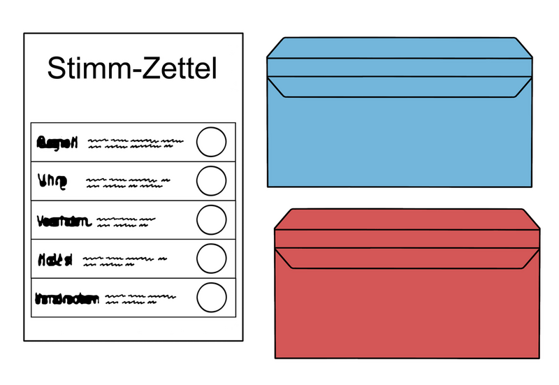 Stimmzette sowie ein roter und ein blauer Briefumschlag
