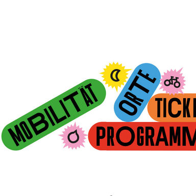 Bunte Ikons mit den Texten: Mobilität, Orte, Ticket, Programm