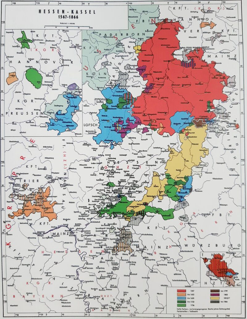 Landkarte mit farblicher Darstellung der zu Hessen Kassel gehörenden Gebiete