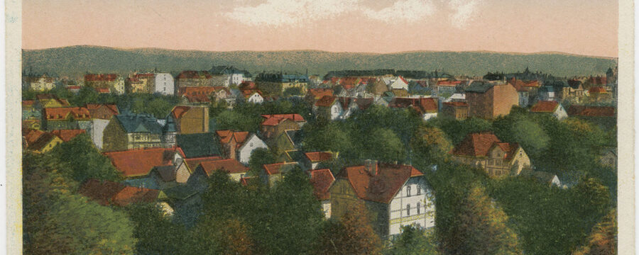 Postkarte von 1910: Wahlershausen vom Rammelsberg nach Südosten gesehen, in Richtung Bahnhof Wilhelmshöhe und Stadt.