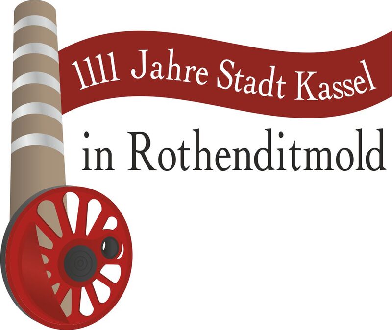 Eisenbahnrad und Schornstein. Text: 1111 Jahre Stadt Kassel in Rothenditmold