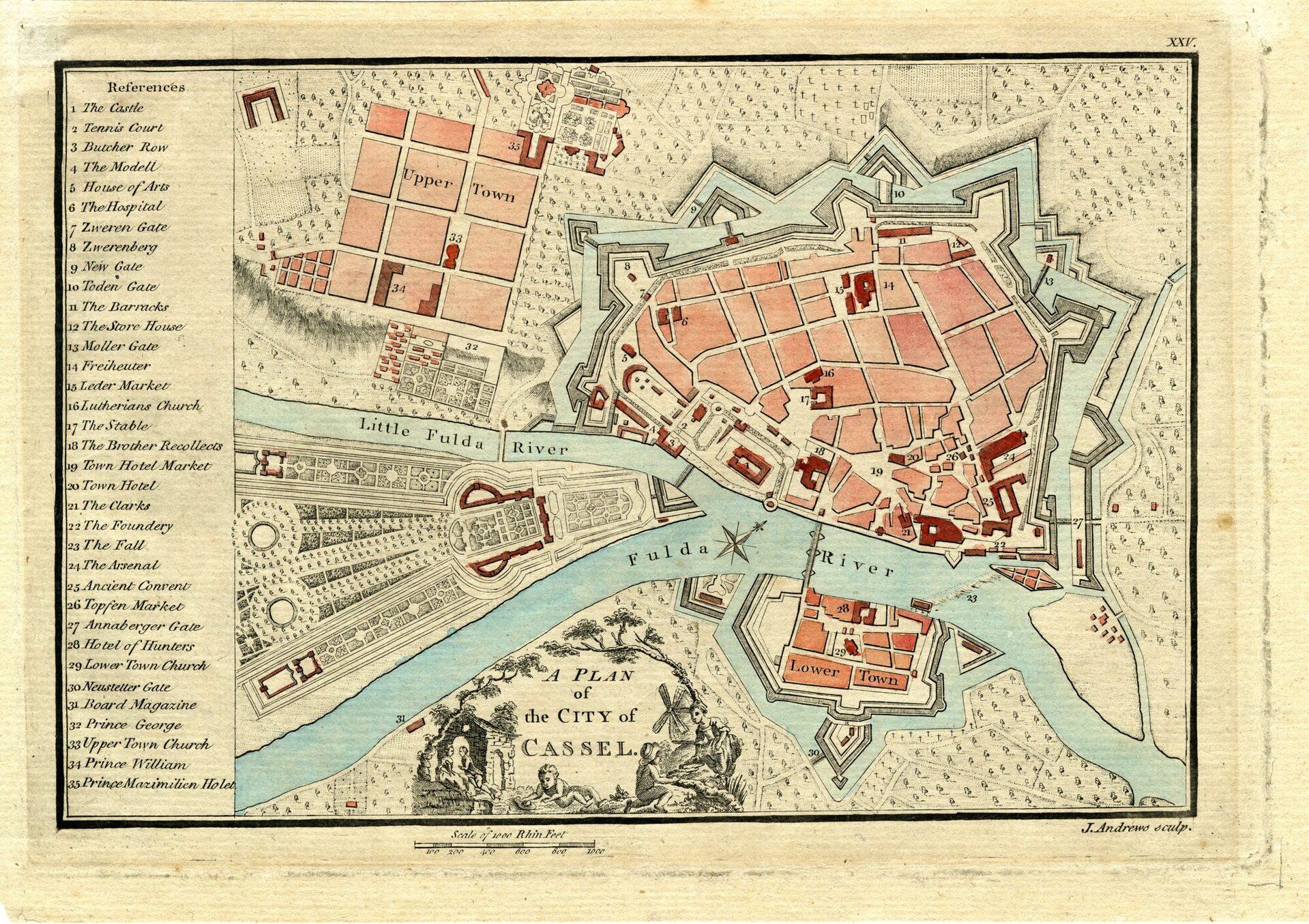 Alte Karte, die die Stadterweiterung der Oberneustadt unter Landgraf Karl zeigt.