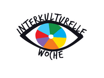 Grafik Rebgenbogenauge und Text: Interkulturelle Woche 2024