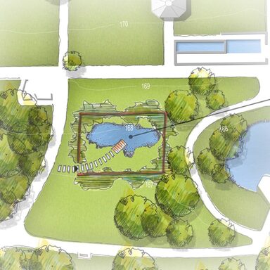Skizze eines geplanten Teiches im Park Schönfeld