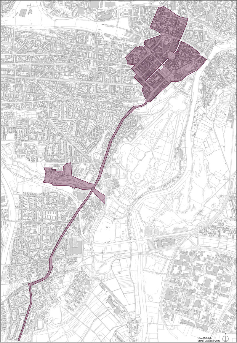 Karte von Kassel, auf der das Gebiet des Programms "Stadtgrün" eingezeichnet ist