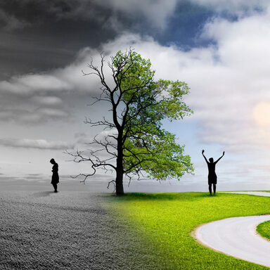 Zweigeteiltes Bild: links traurige Person mit einem verdorrten Baum in schwarz weiß, auf der rechten Seite eine glückliche Person mit einem gesunden Baum in Grüntönen