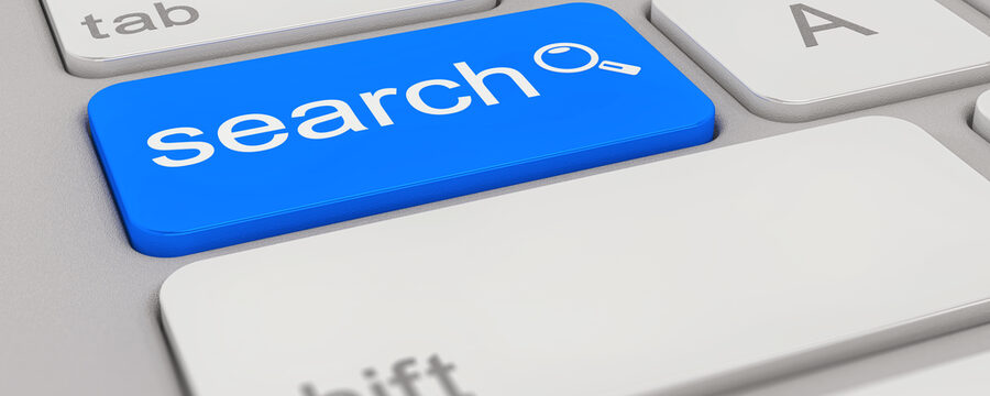 3d rendering of a white keyboard with blue search button, business concept.