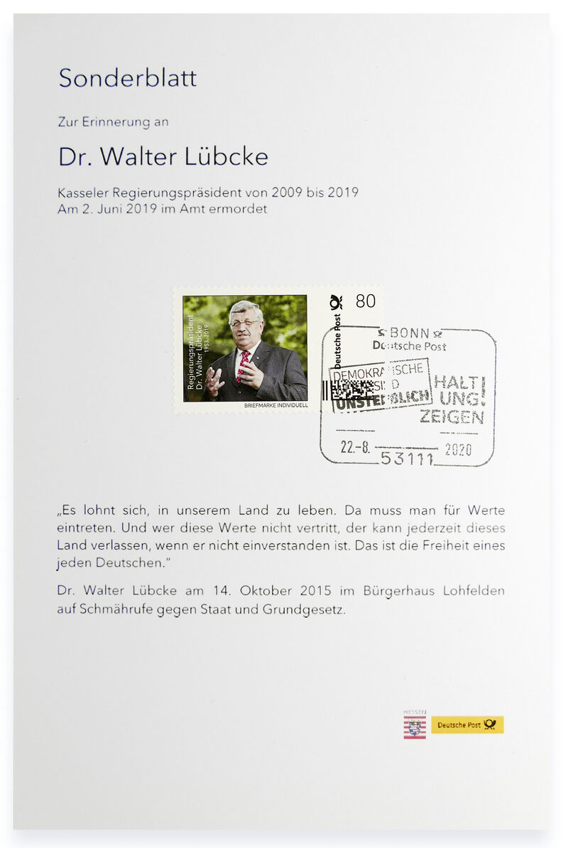 Sonderblatt für den ehemaligen Regierungspräsident Dr. Walter Lübcke mit Briefmarke.