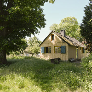 Holzhaus umgeben von Wiese und Bäumen