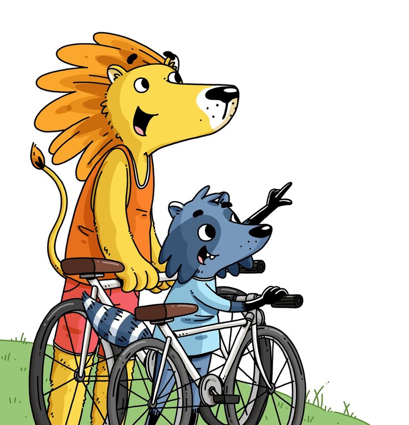 Löwe Karl und Waschbär Willi mit Fahrrädern