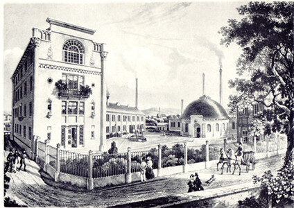 Gießhaus - Die Maschinenfabrik von Henschel & Sohn in Cassel. Stahlstich von Johann Heinrich Martens, 1837