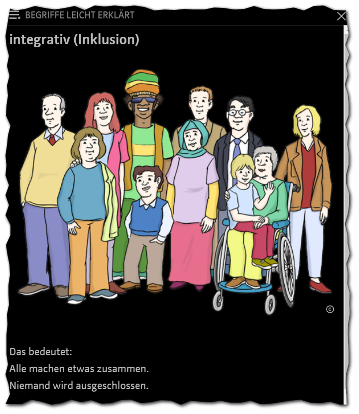 Bild mit vielen Menschen und der Begriffserklärung für integrativ beziehungsweise Inklusion