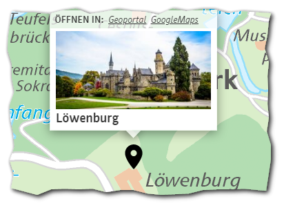 Ausschnitt aus dem Stadtplan mit Bild und Link zur Löwenburg