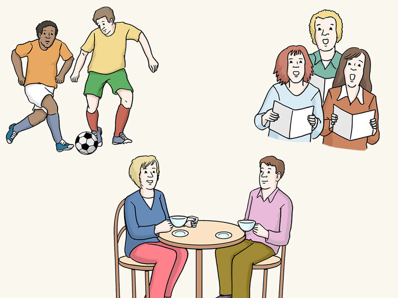 Symbolbild Freizeit mit Fußballspielern, Menschen die Singen und 2 Menschen die Kaffee trinken