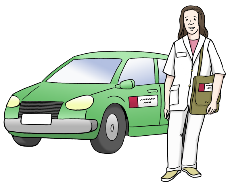 Pflegerin vor einem grünen Auto