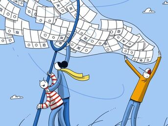 Zeichnung, in der mehrere Strichmännchen mit einem Netz in der Luft wirbelnde Wahlzettel einfangen