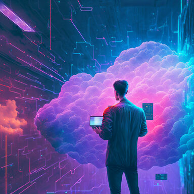 Mann mit Laptop vor futuristischem Hintergrund